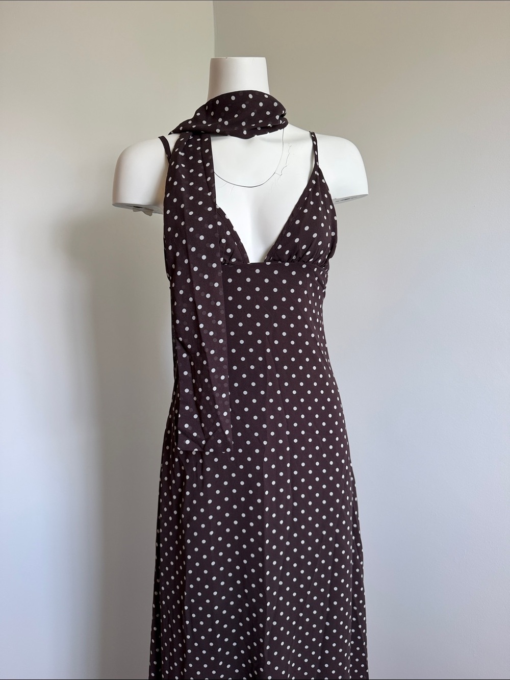 Brown Polka Dot V-Neck Maxi Dress with Scarf